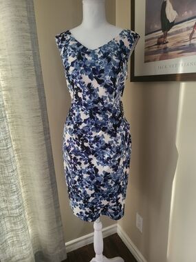 Alex Evenings Floral Blue Sheath Dress - Blue/White